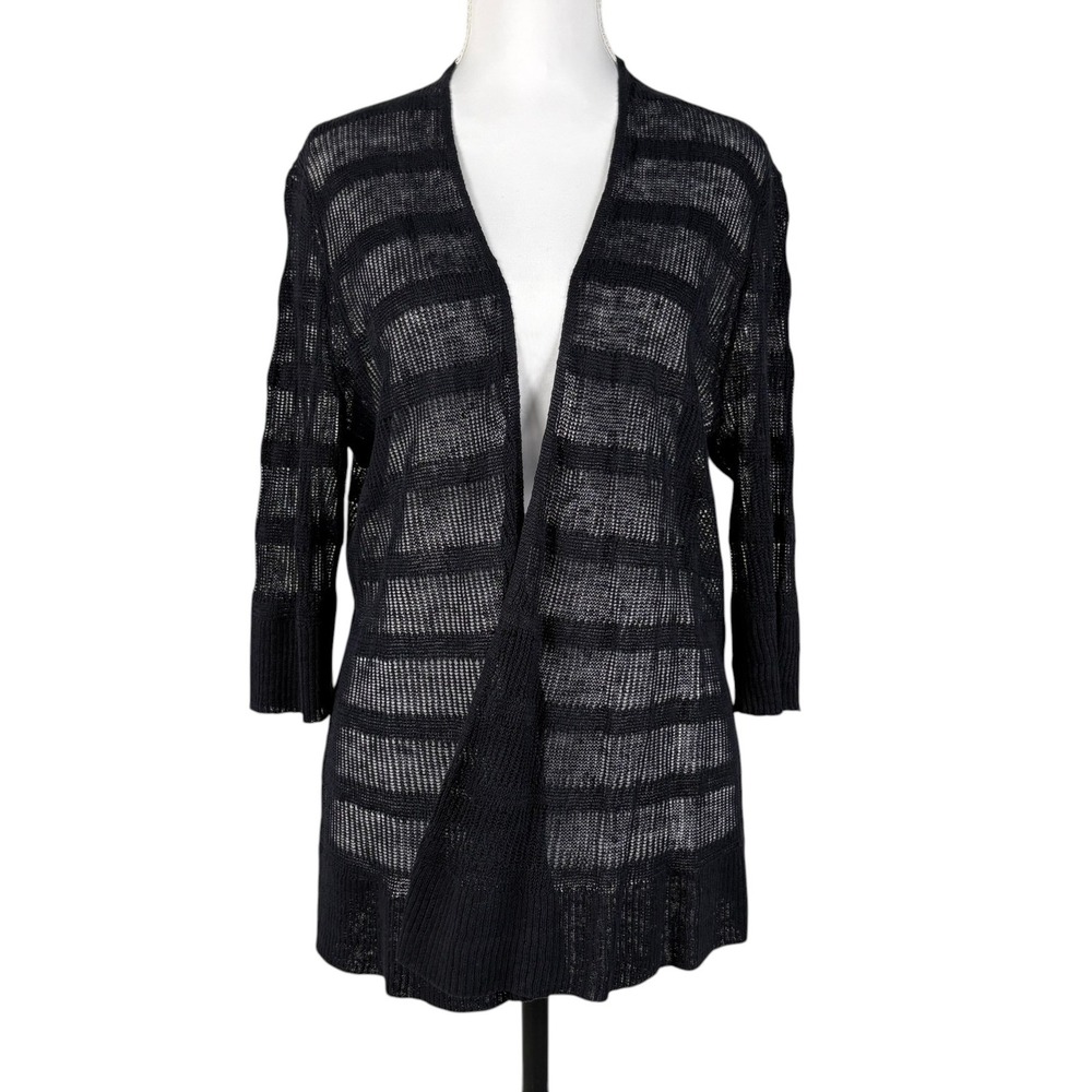 Eileen Fisher 100% Linen Cardigan Womens M Black Sheer Stripe Knit Lightweight